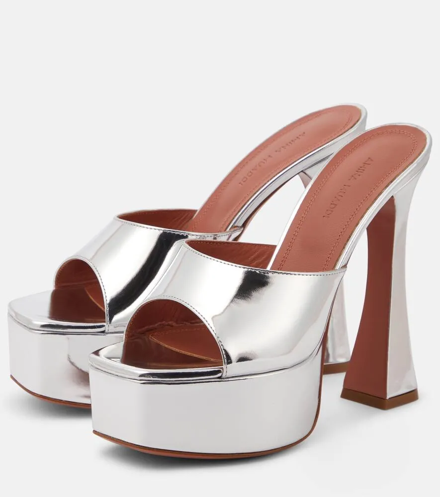 Amina Muaddi Dalida mirrored leather platform mules