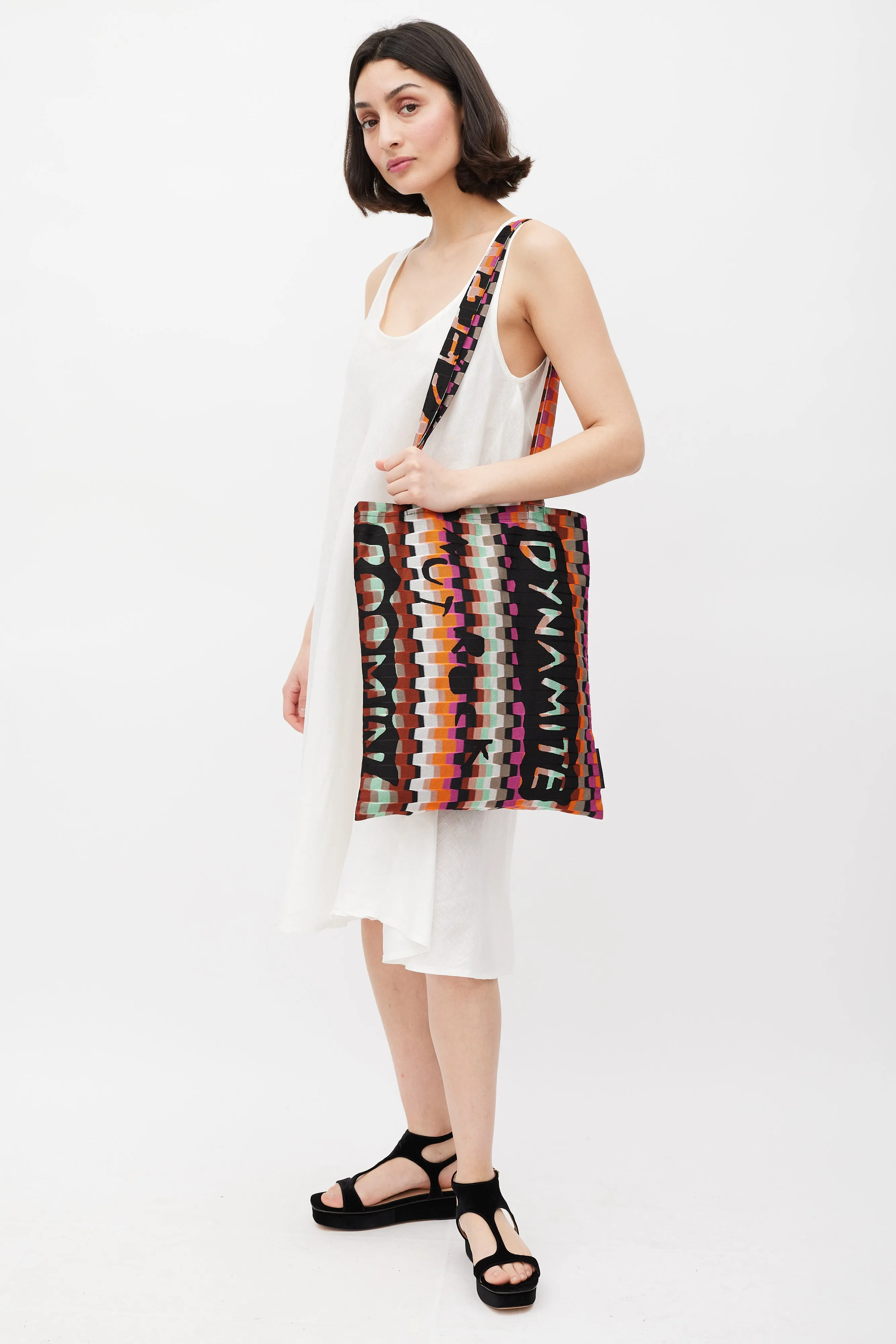 Black & Multicolour Mesh Patterned Tote Bag