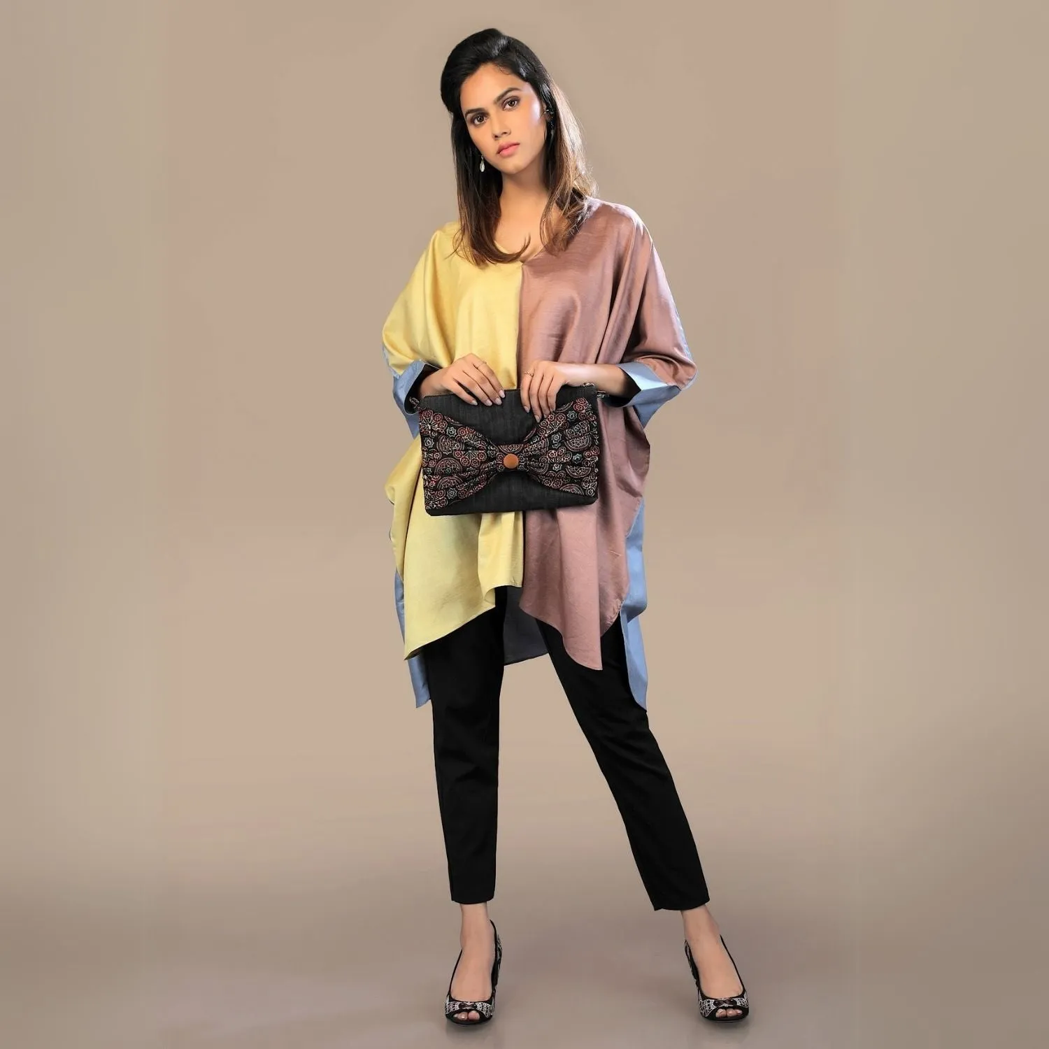 Charcoal Ajrakh Bow Tussar Silk Clutch | Handcrafted Elegance | Traditional Chic
