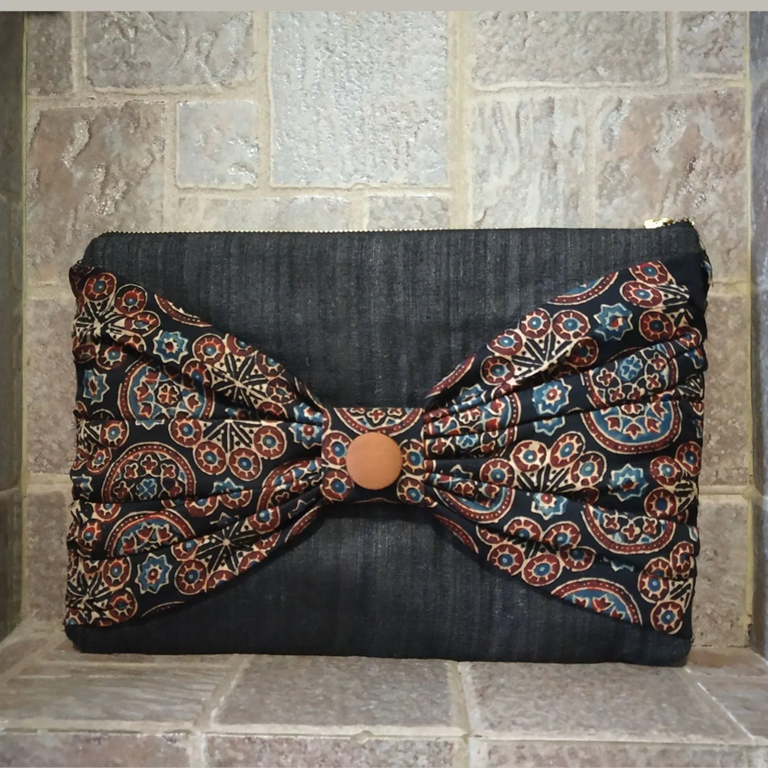 Charcoal Ajrakh Bow Tussar Silk Clutch | Handcrafted Elegance | Traditional Chic