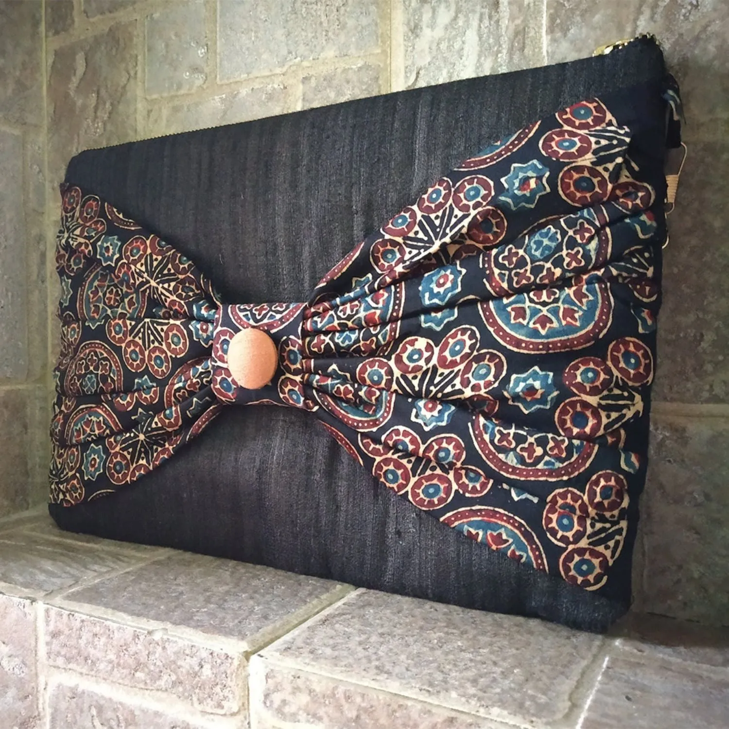 Charcoal Ajrakh Bow Tussar Silk Clutch | Handcrafted Elegance | Traditional Chic