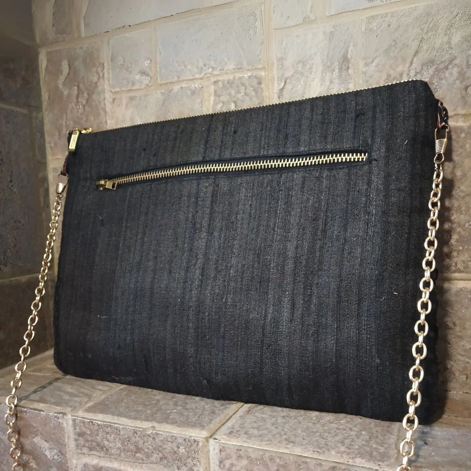 Charcoal Ajrakh Bow Tussar Silk Clutch | Handcrafted Elegance | Traditional Chic