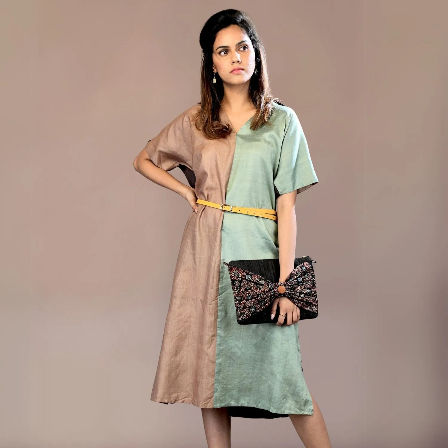 Charcoal Ajrakh Bow Tussar Silk Clutch | Handcrafted Elegance | Traditional Chic