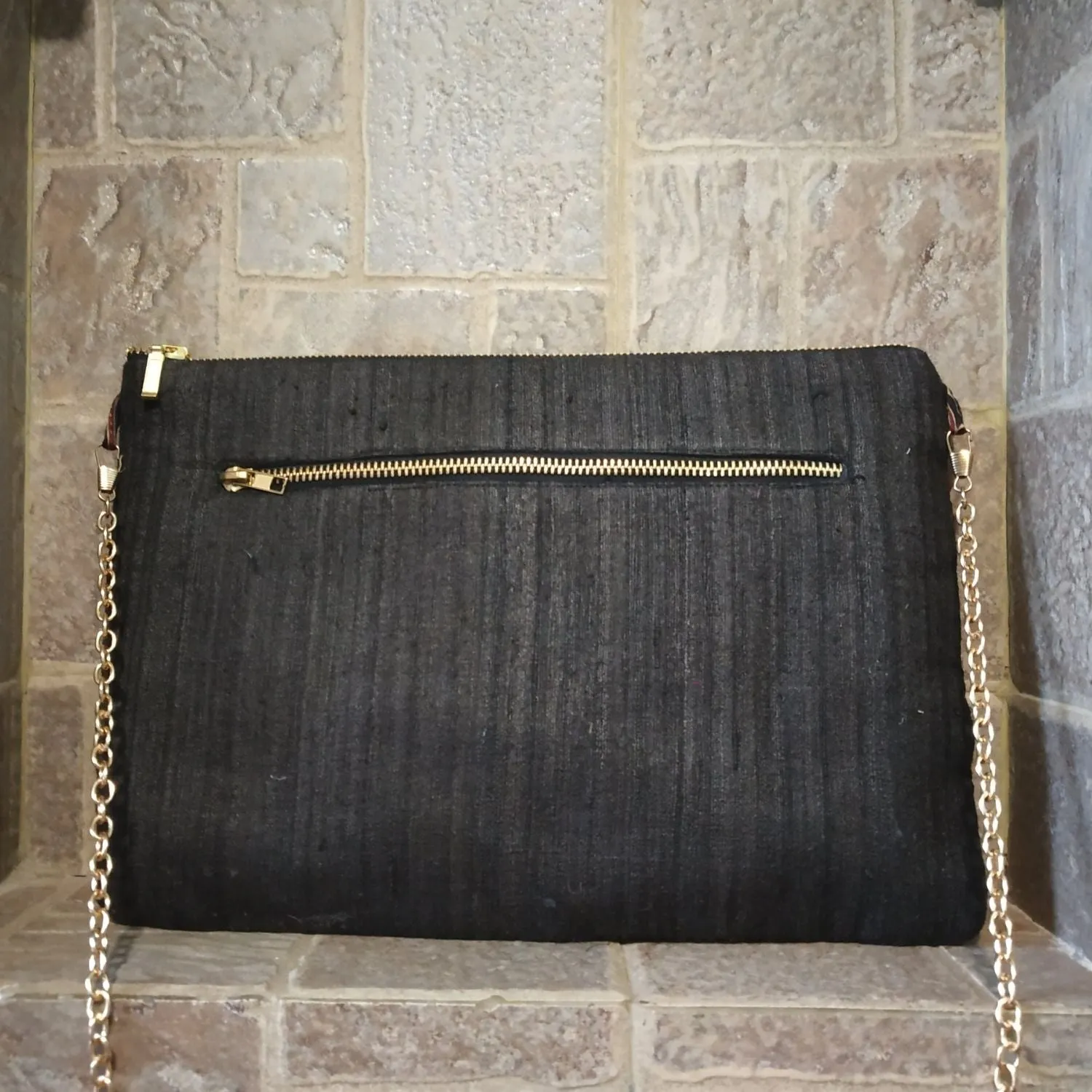 Charcoal Ajrakh Bow Tussar Silk Clutch | Handcrafted Elegance | Traditional Chic