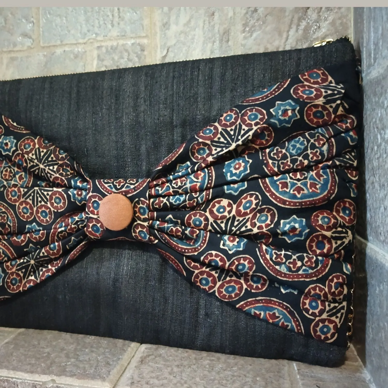 Charcoal Ajrakh Bow Tussar Silk Clutch | Handcrafted Elegance | Traditional Chic
