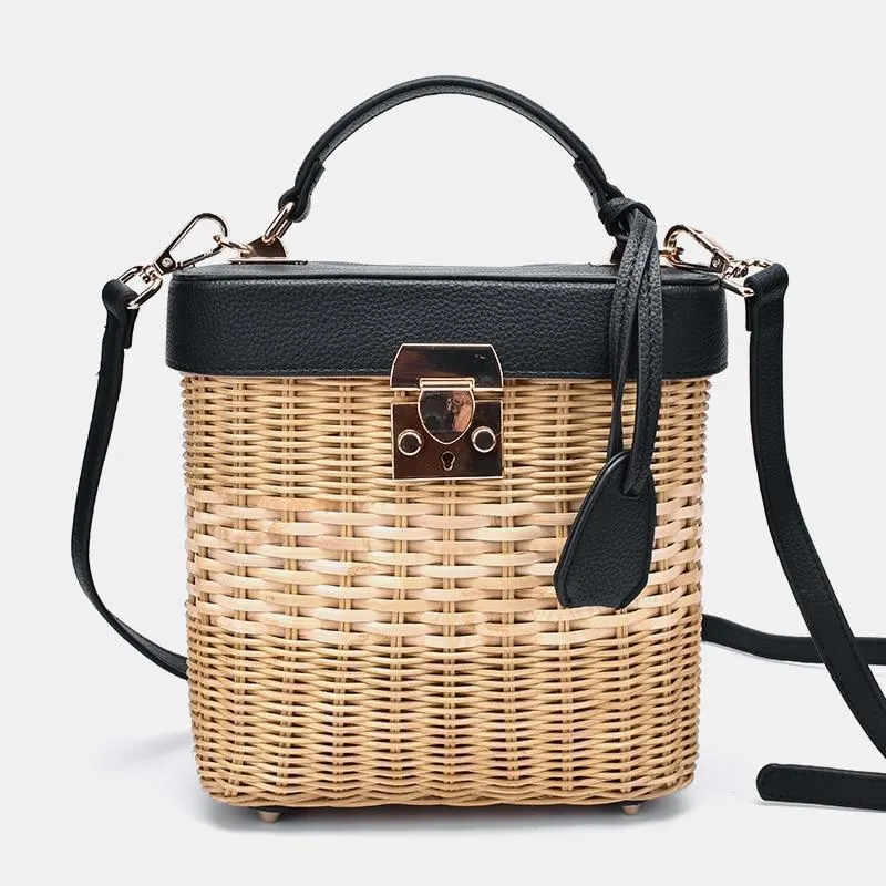 Faux Leather Strap Rattan Shoulder Bag