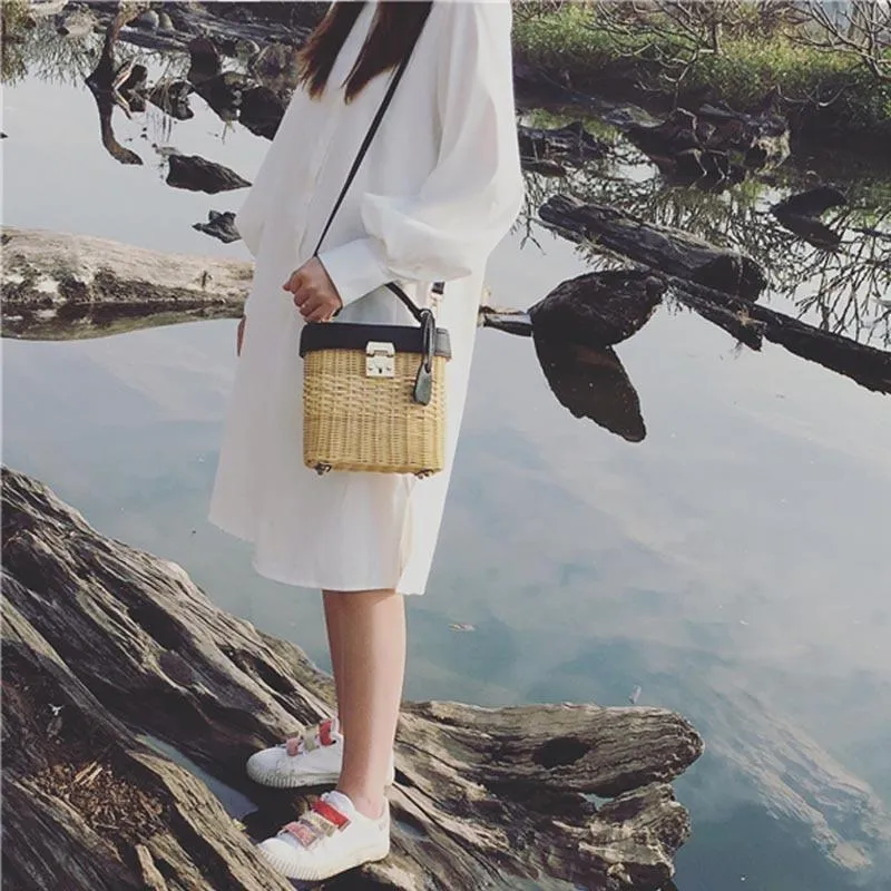 Faux Leather Strap Rattan Shoulder Bag