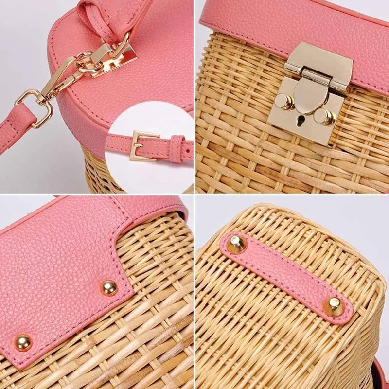 Faux Leather Strap Rattan Shoulder Bag