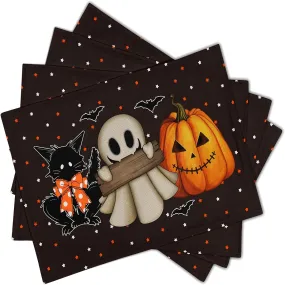 Halloween Placemats Set (1/4/6/8/12pcs) - Non-Slip, Heat-Resistant Table Mats with Ghosts, Pumpkins, Black Cats & Bats Design for Festive Dining Decor, Indoor & Outdoor Use, Polyester, Rectangular