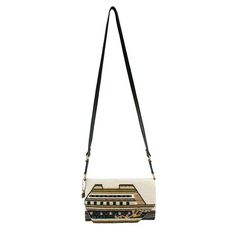 Mary Frances on the Sea Crossbody Handbag Embroidery Black Leather Bag New
