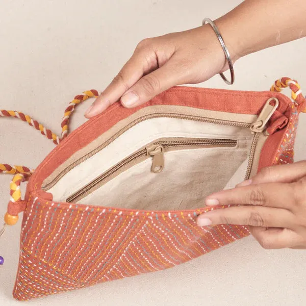 Shagun Sling Bag - Peach with Kantha/Sujha