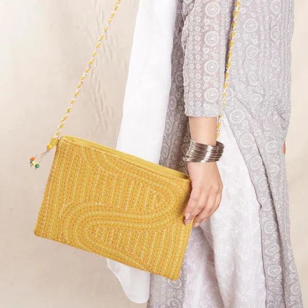 Shagun Sling Bag - Yellow with Kantha/Sujha